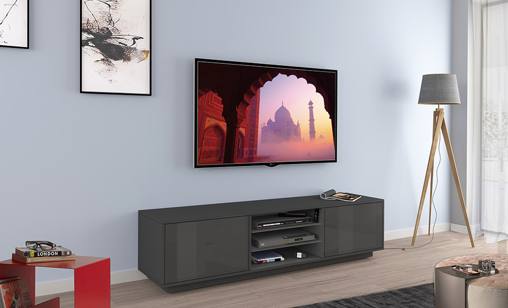 Zona giorno composta da madia alta, porta TV e madia 4 ante antracite laccata lucida 