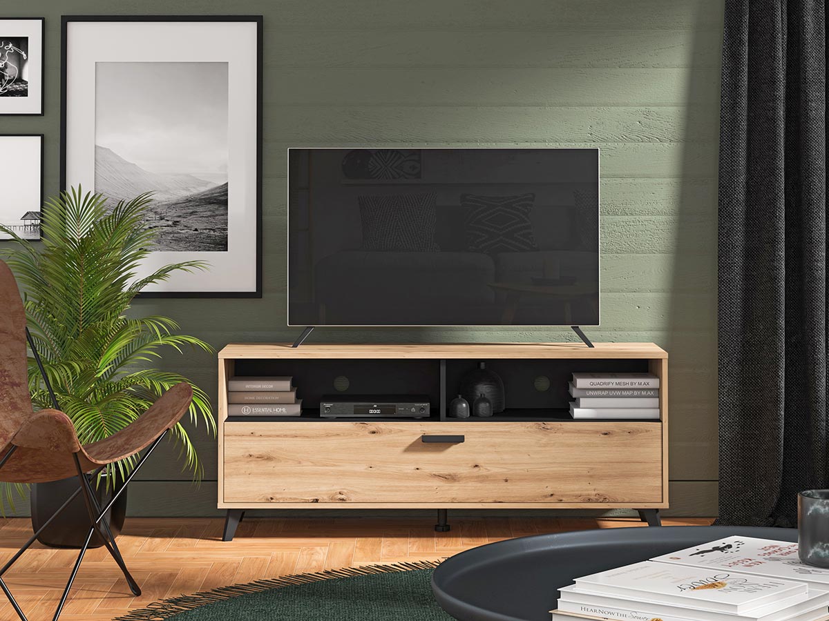 Mobile tv 140 cm con ribalta e due vani a giorno, finitura Rovere e Nero opaco