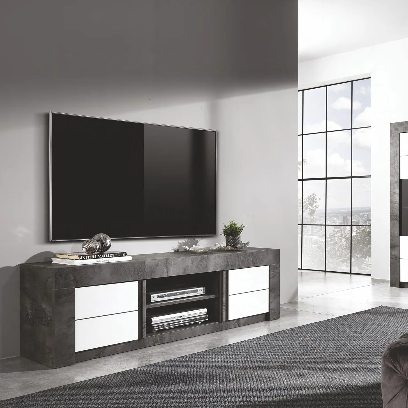 Porta TV 2 ante, color ossido con frontali in bianco lucido serigrafato