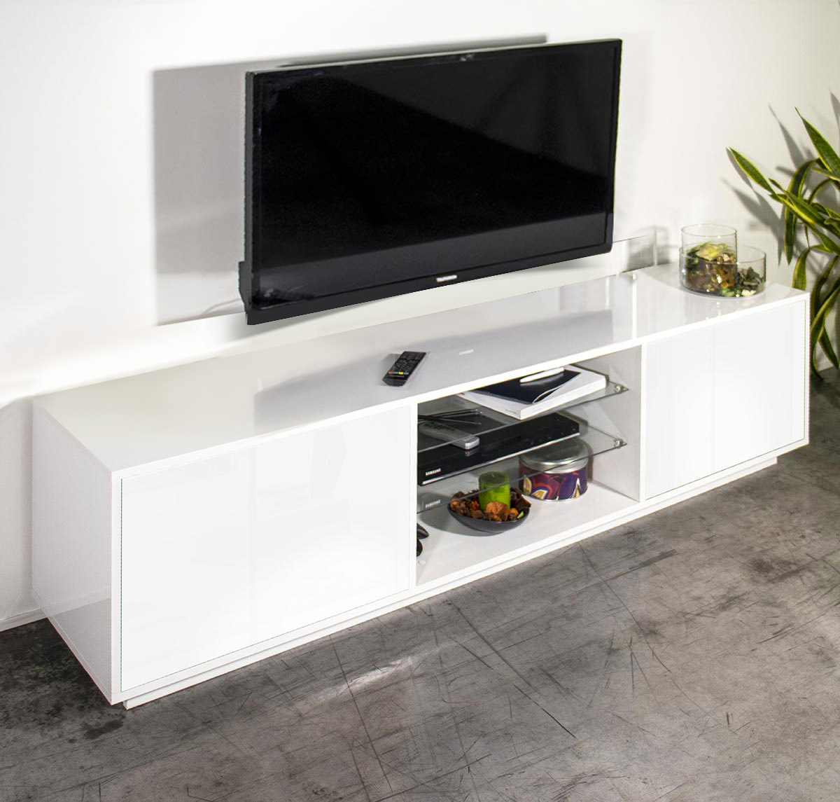 Porta tv moderno bianco laccato lucido con due mensole in vetro