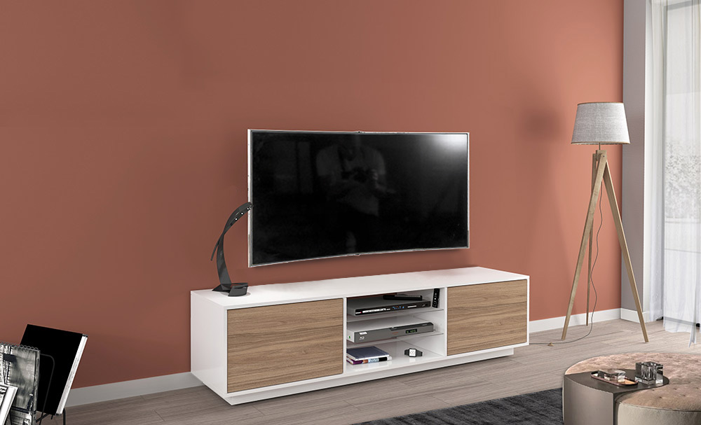 Moderno porta tv con due ante in noce caracalla e bianco lucido