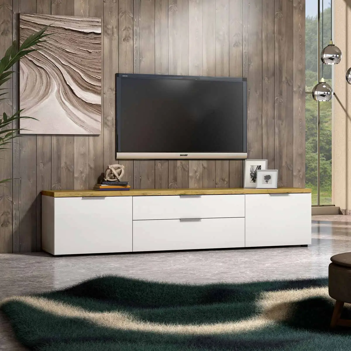 Mobile tv colore Bianco lucido con top Rovere, L.220 cm in offerta