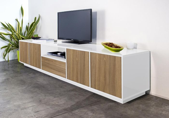 Sala moderna completa finitura noce caracalla e bianco lucido 