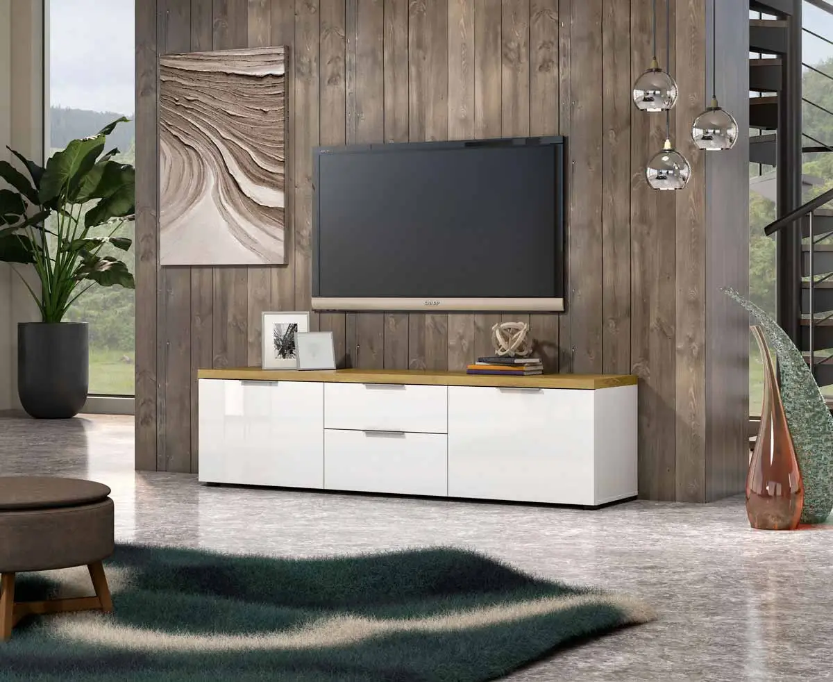Mobile tv colore Bianco lucido con top Rovere