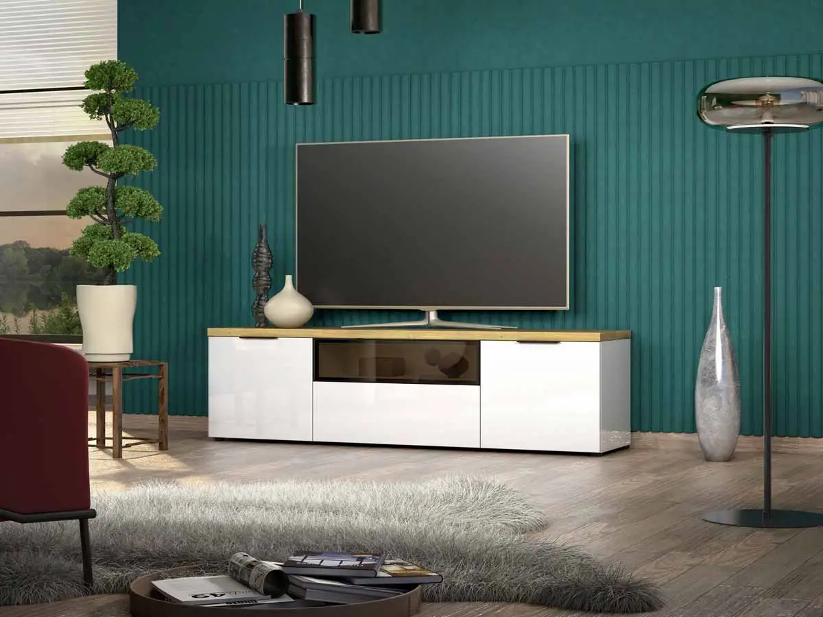 Porta TV colore Bianco lucido e Rovere chiaro