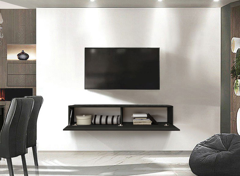 Parete attrezzata effetto marmo nero lucido con pensili e ribalta