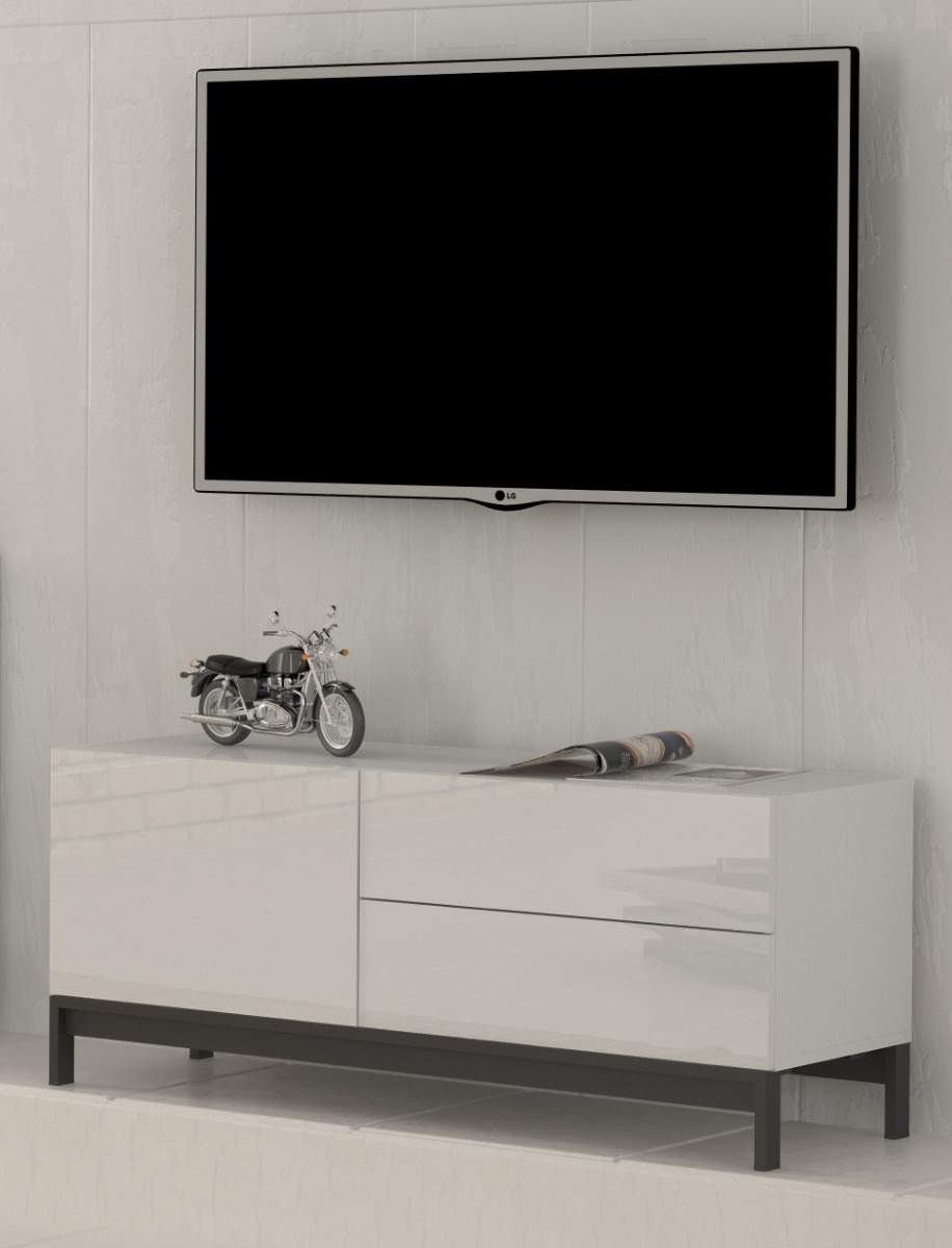 Porta TV di design, 2 cassetti 1 anta in finitura bianco lucido
