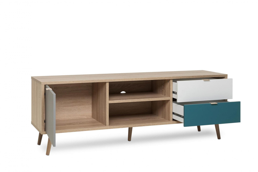 Porta TV Lavik con gambe in legno, 1 anta 2 cassetti, finitura Quercia, Bianca, Petrolio e Grigia