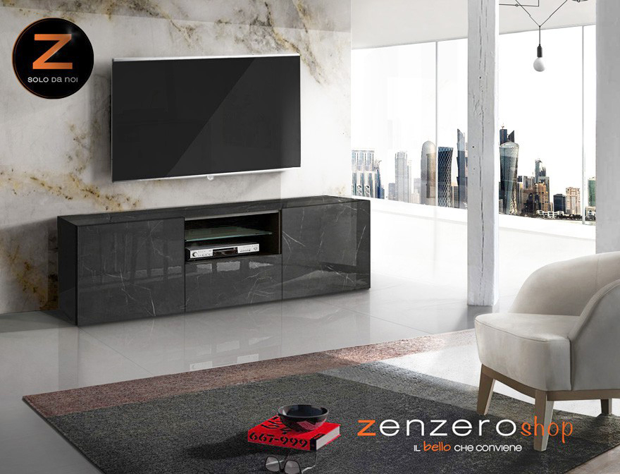 Porta TV moderno, 2 ante 1 cassetto, finitura Marmo Lucido Nero