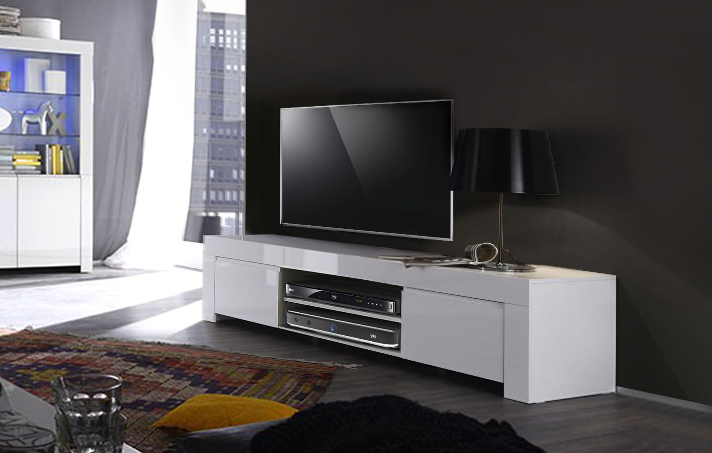 Conveniente Porta TV "Alba" Moderno di Design, Laccato Bianco Lucido