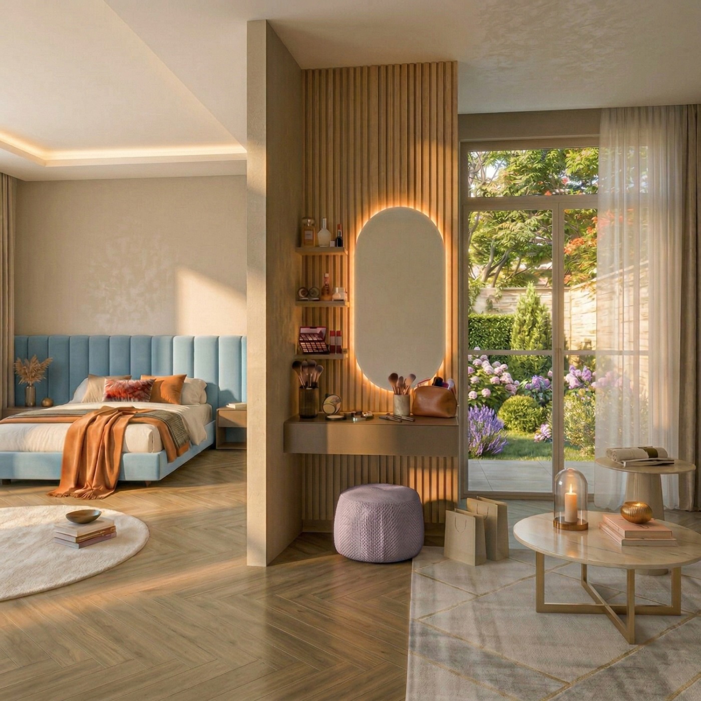 Postazione trucco con boiserie, mensole e cassetto, Cadiz cannettato e Bronzo