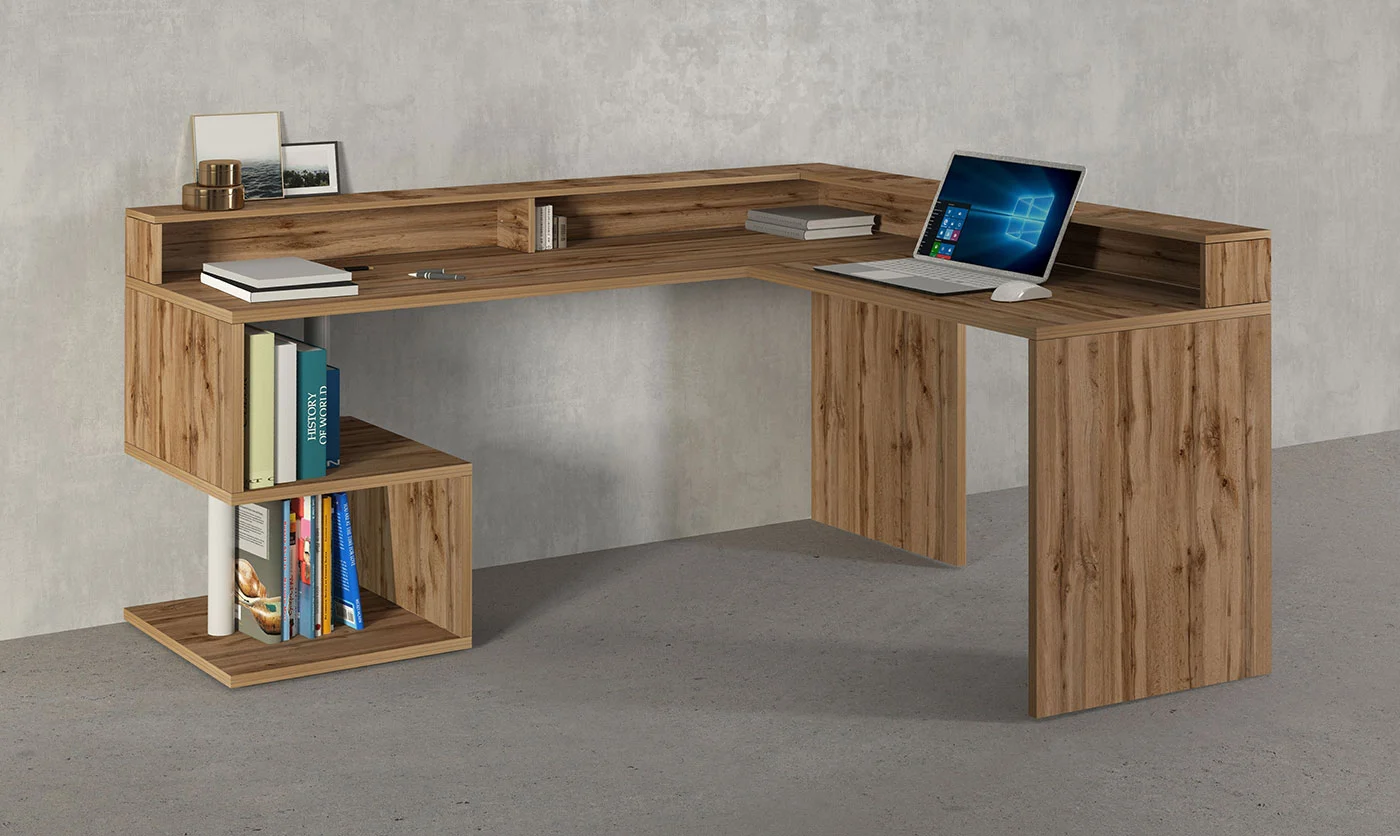 Scrivania angolare 2 vani portaoggetti, 180/160x90x60 h cm, Rovere Wotan