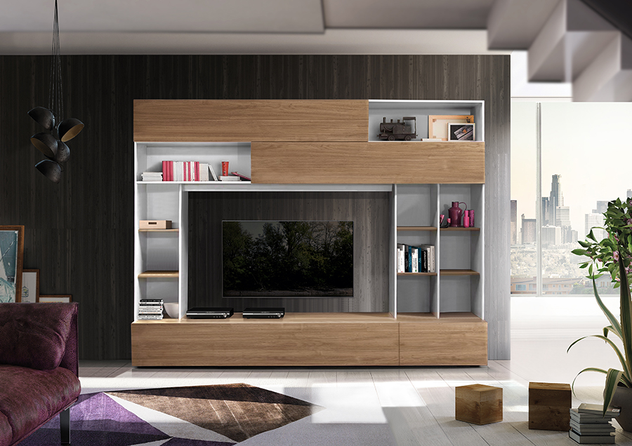 Soggiorno Zenzero,parete attrezzata moderna con libreria, 2 ribalte e vasistas, finitura Bianca e Noce