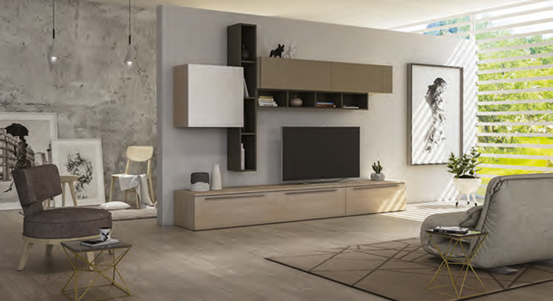 Moderna Parete attrezzata Olmo Perla con frontali e elementi sospesi in finitura Bianco seta e Visone e librerie color Fango