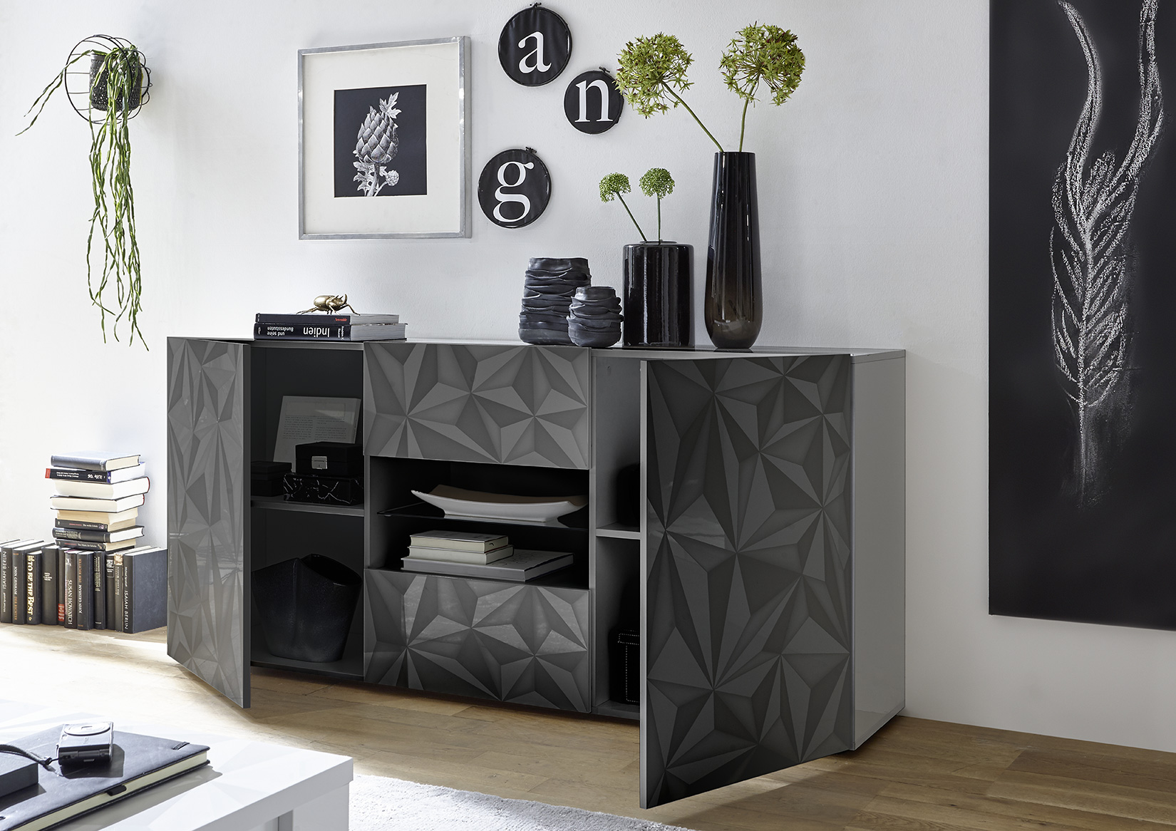 Madia 2 ante e 2 cassetti, grigio laccato lucido con serigrafia prismatica