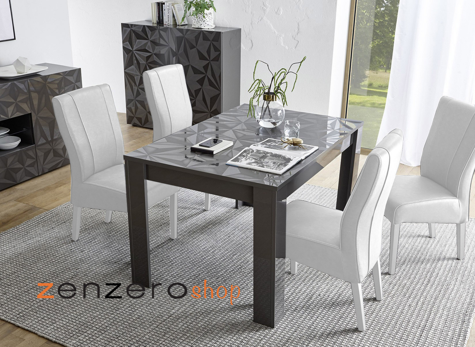 Tavolo moderno con serigrafia prismatica e 6 posti a sedere, finitura grigio lucido