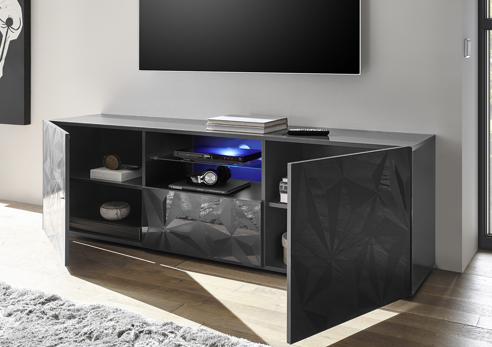 Base porta TV, 2 ante 1 cassetto, grigio laccato lucido con serigrafia prismatica