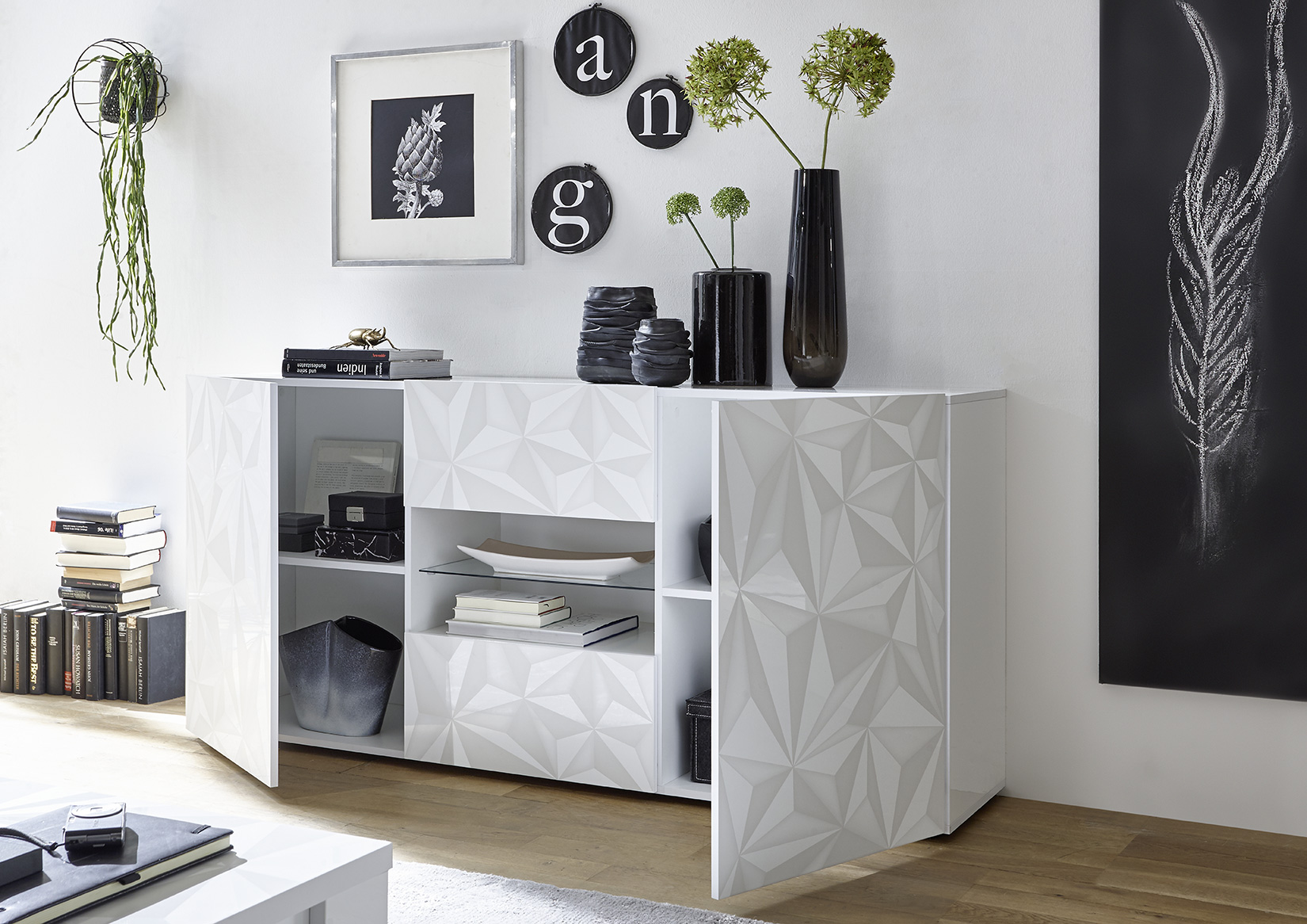 Madia 2 ante e 2 cassetti, bianco laccato lucido con serigrafia prismatica