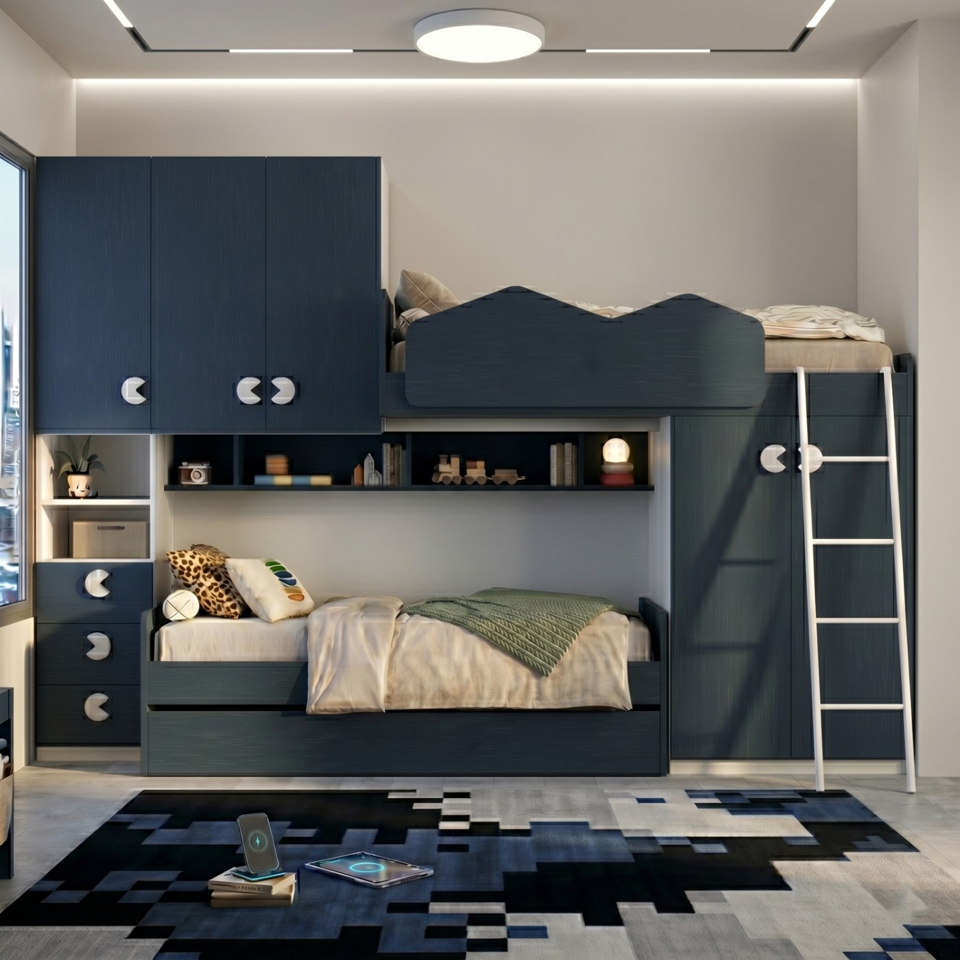 Soppalco per camerette Blu navy e Bianco opaco, L.335