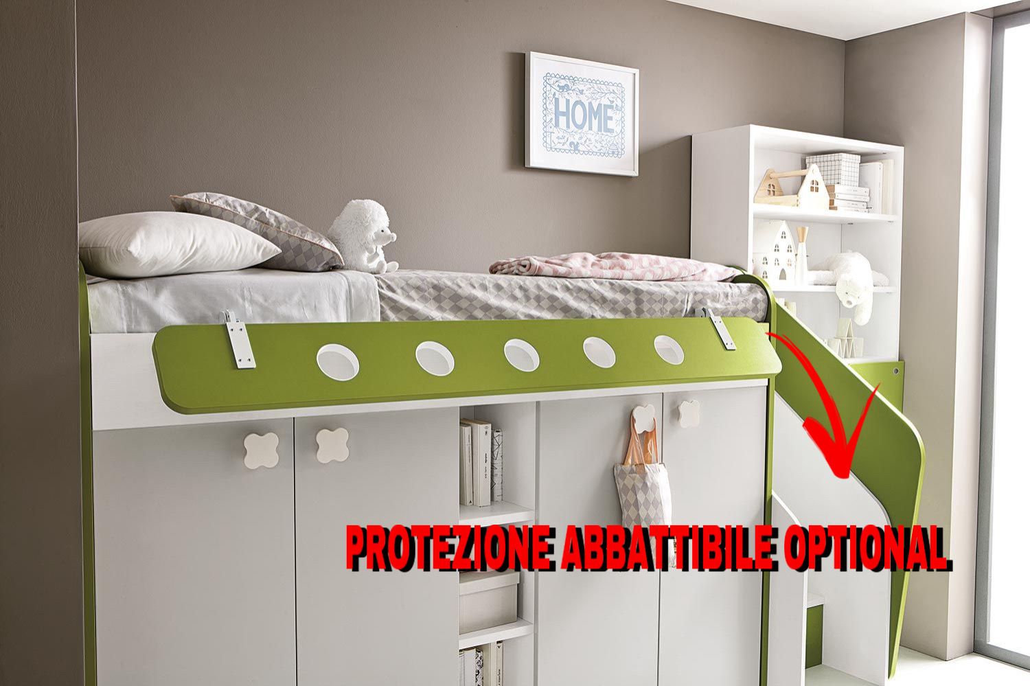 Soppalco per camerette con due posti letto, finitura Nebbia, Rovere ambra e Girasole