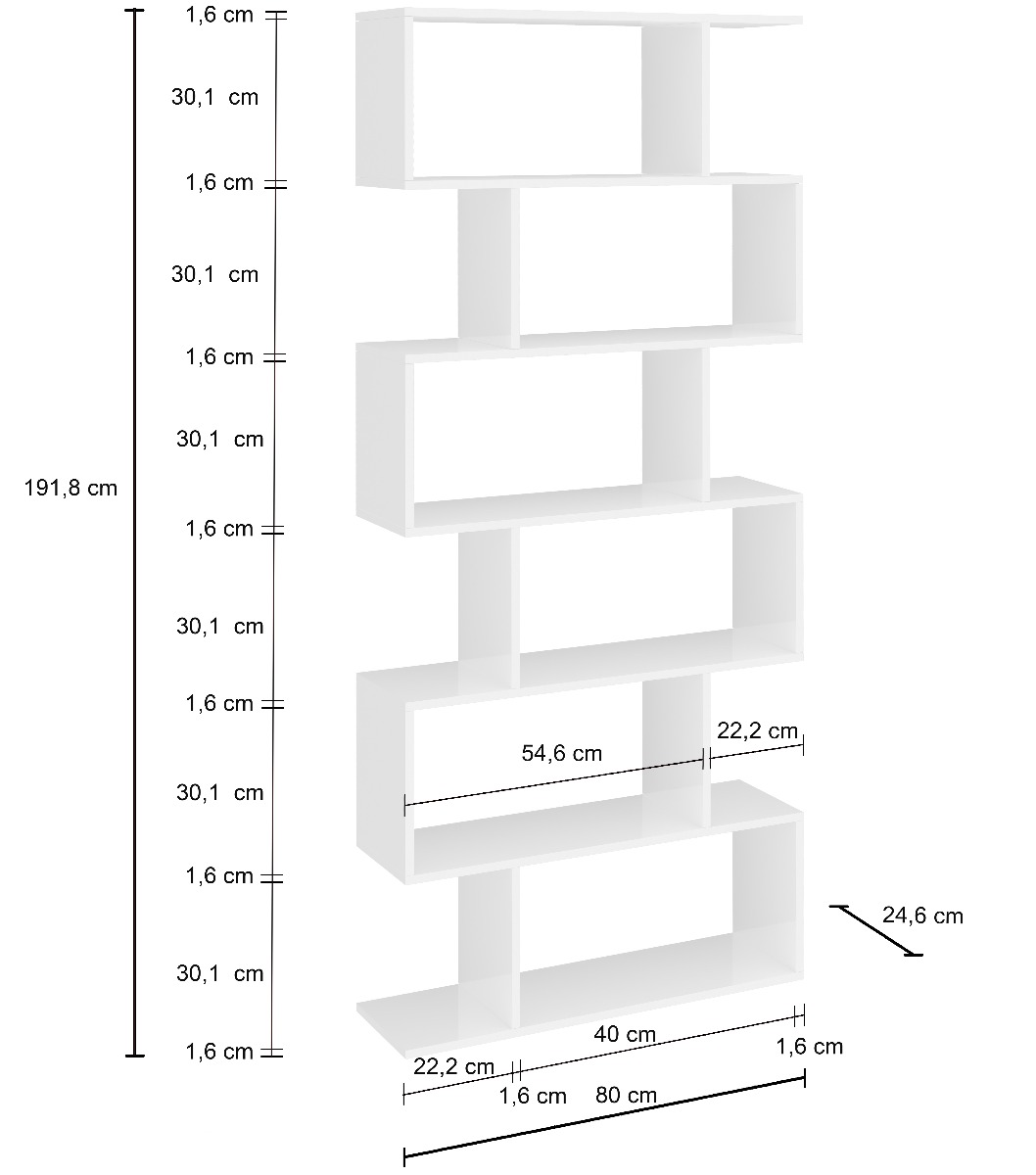 Libreria verticale, colore bianco lucido, 6 ripiani, made in Italy