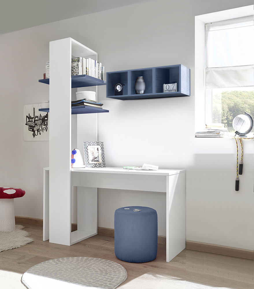 Zona studio per camerette con Scrivania, Libreria e Vani a giorno, Blu e Bianco Opaco