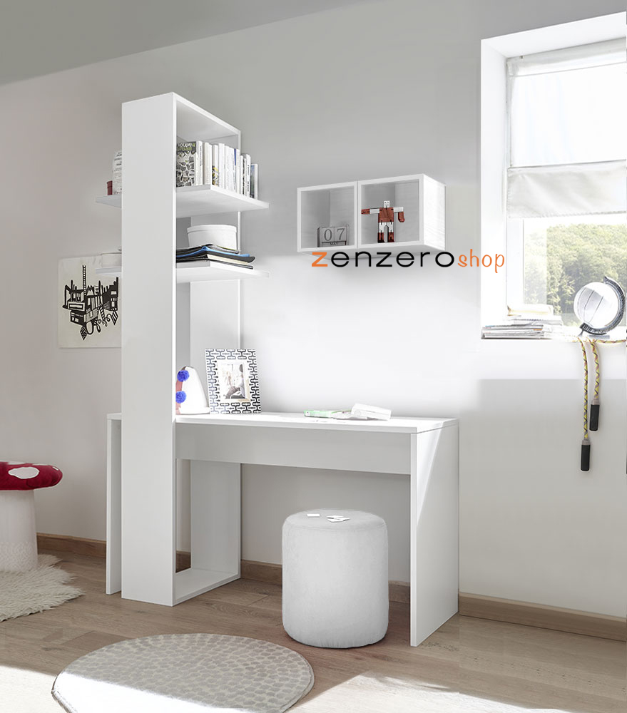 Zona studio per camerette con Scrivania, Libreria e Vani a giorno, Bianco Opaco