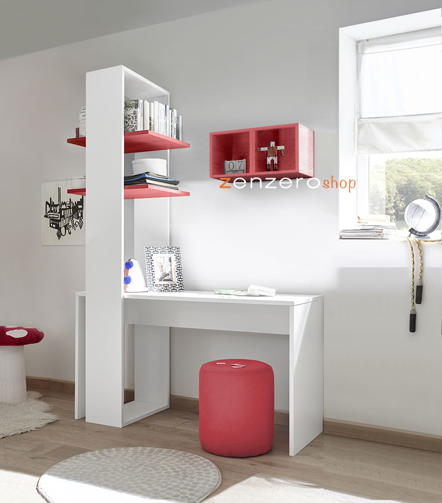 Zona studio per camerette con Scrivania, Libreria e Vani a giorno, Rosso e Bianco Opaco