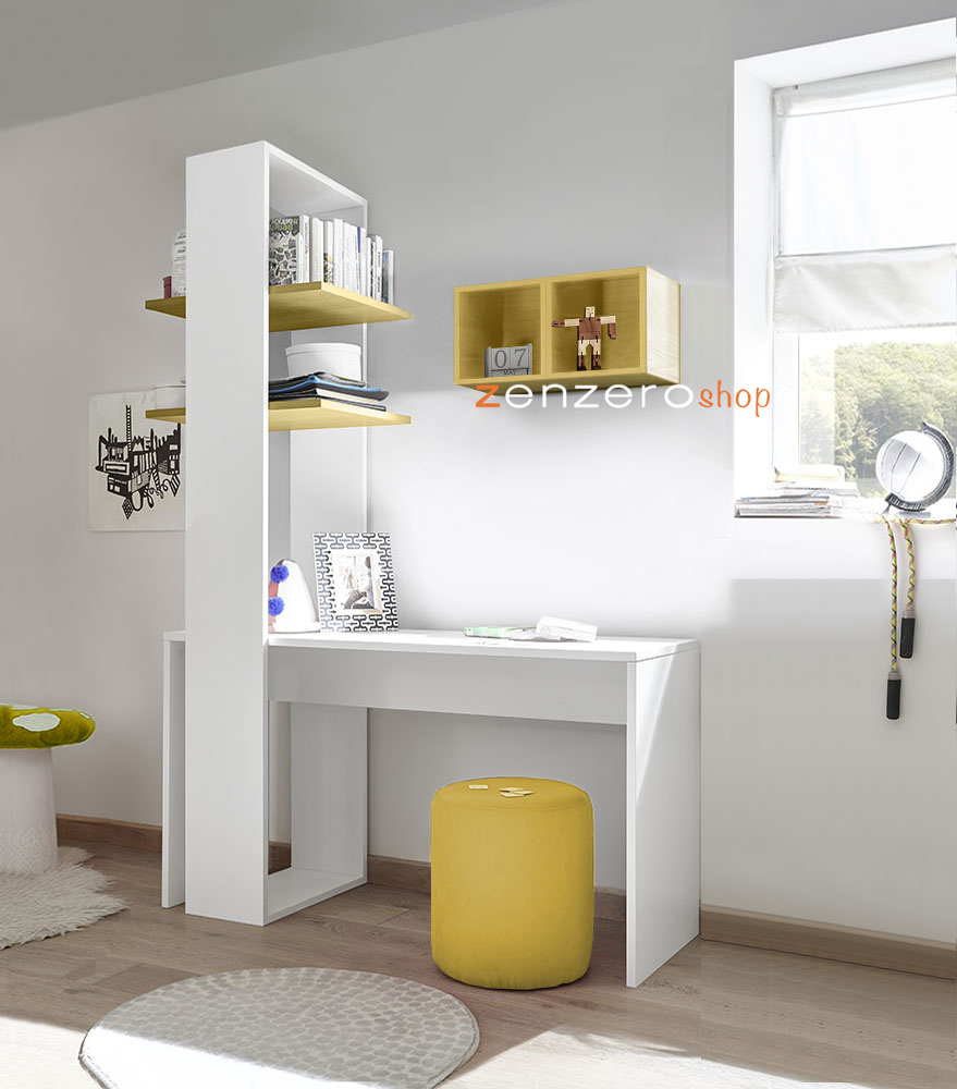 Zona studio per camerette con Scrivania, Libreria e Vani a giorno, Giallo e Bianco Opaco