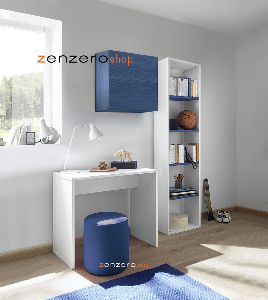 Set Zona Studio con Scrivania, Libreria e Pensile, Blu e Bianco Opaco