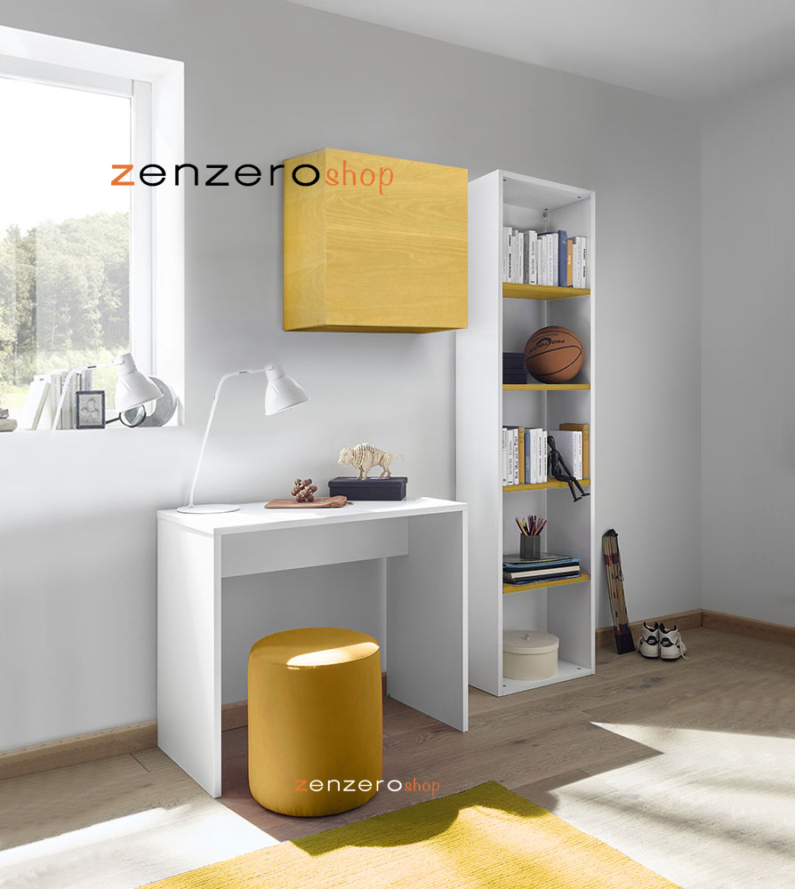 Set Zona Studio con Scrivania, Libreria e Pensile, Giallo e Bianco Opaco