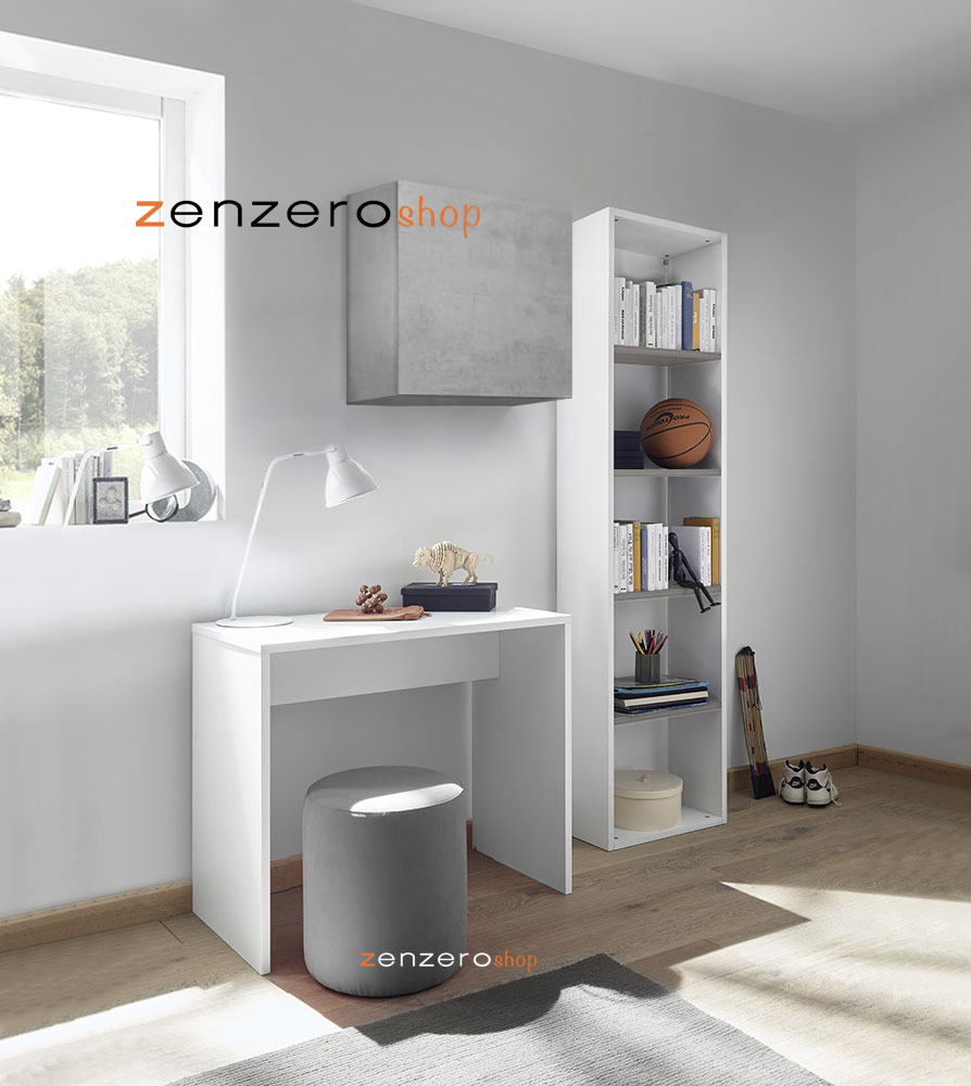 Set Zona Studio con Scrivania, Libreria e Pensile, Grigio, Beton e Bianco Opaco