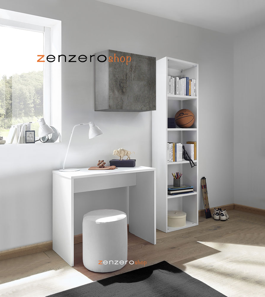 Zona Studio Ossido, Beton e Bianco Opaco con Scrivania, Libreria e Pensile