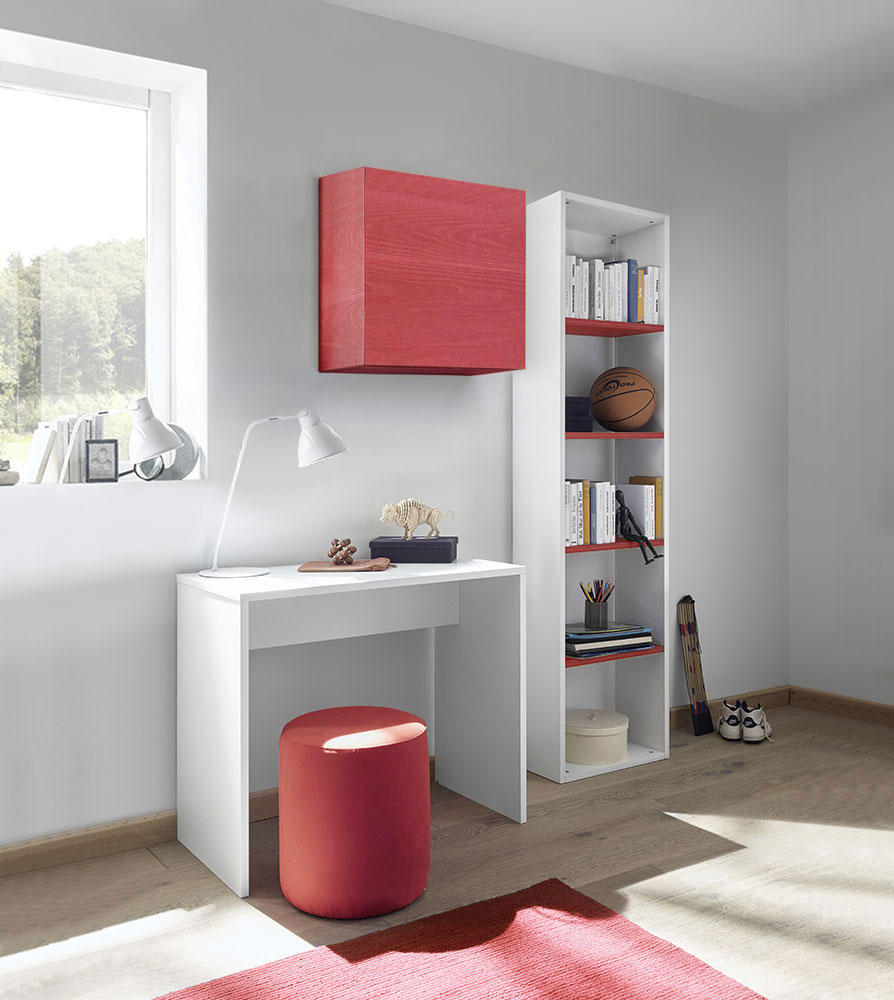 Set Zona Studio con Scrivania, Libreria e Pensile, Rosso e Bianco Opaco