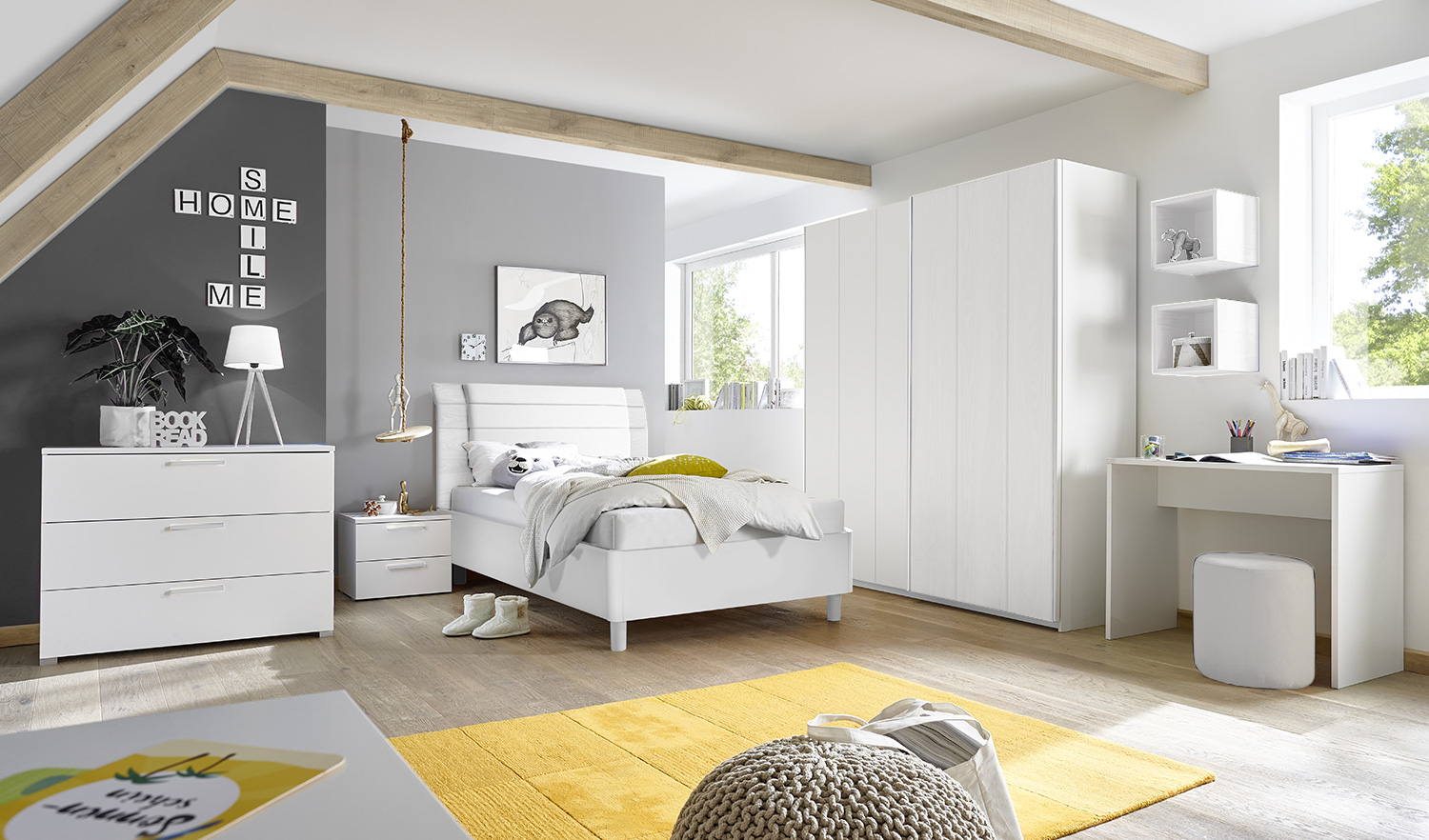 Cameretta 1 piazza e mezza bianco opaco con letto una piazza e mezza