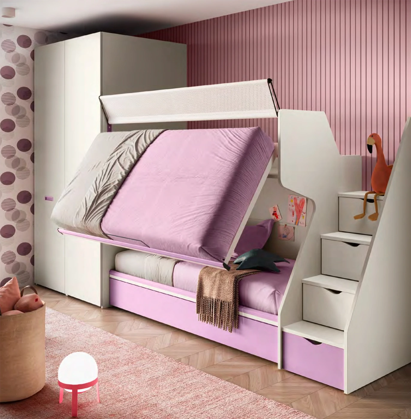 Letto a castello Level, con scaletta contenitiva, Quarzo e Dalia, Moretti Compact
