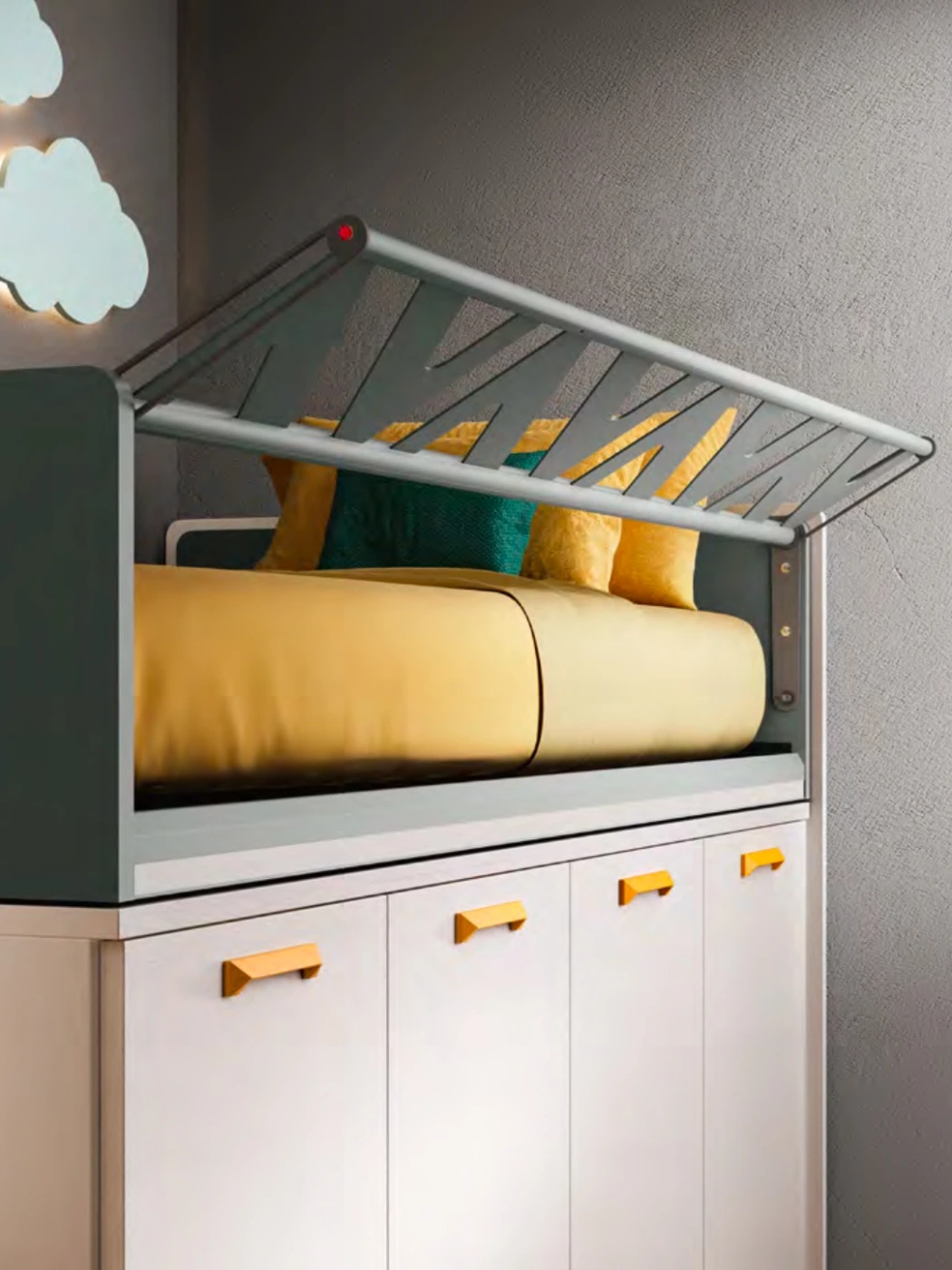 Letto a castello Level Smart, Frassino bianco, Ocra e Cemento, Moretti Compact