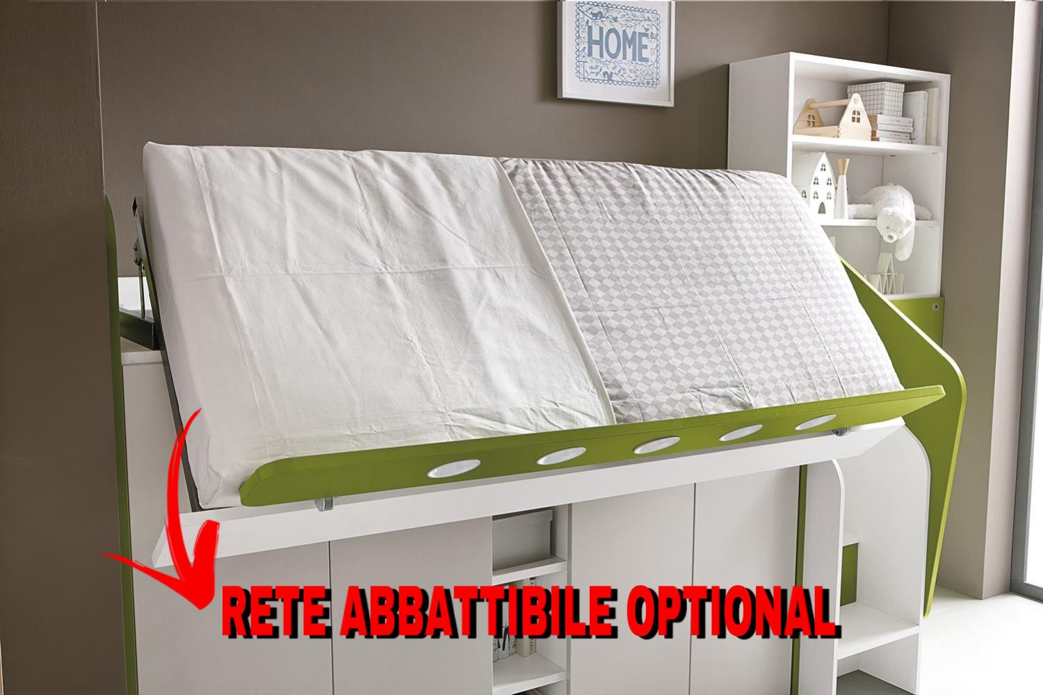 Soppalco per camerette con due posti letto, finitura Nebbia, Rovere ambra e Girasole