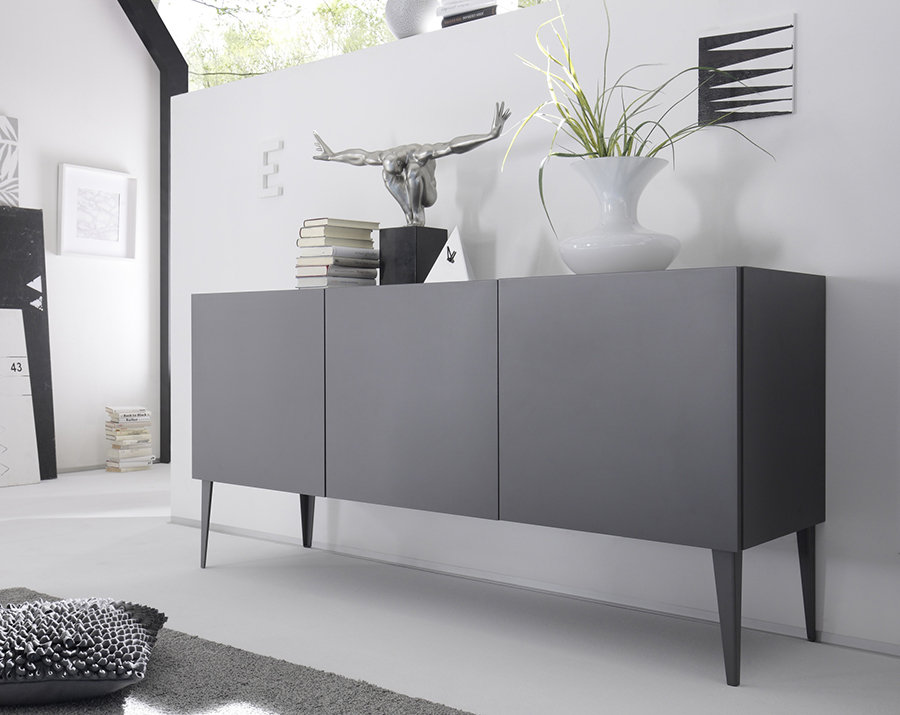 Mobile Credenza Moderna, Madia di design, 3 ante, Grigio Opaco con piedini