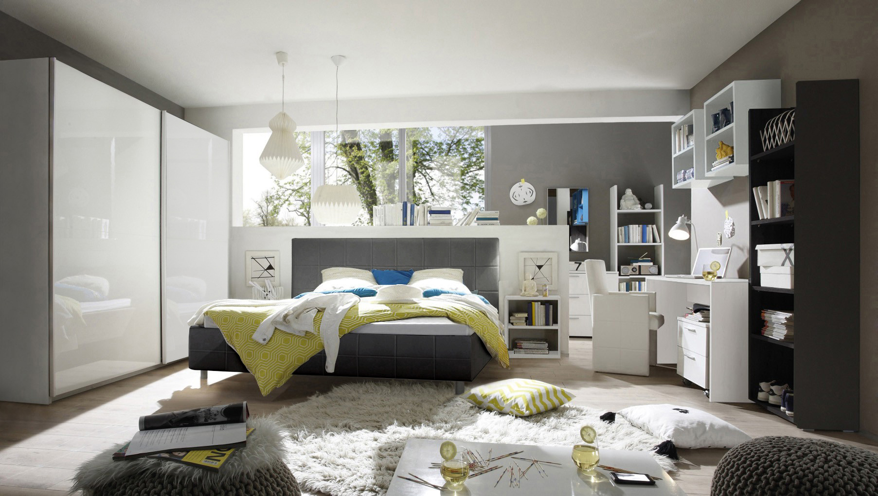 Camera moderna completa in finitura bianco lucido ed ecopelle Antracite