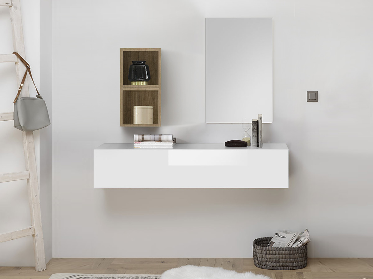 Mobile da ingresso con ribalta, vani e specchio, finitura Bianco lucido e Miele