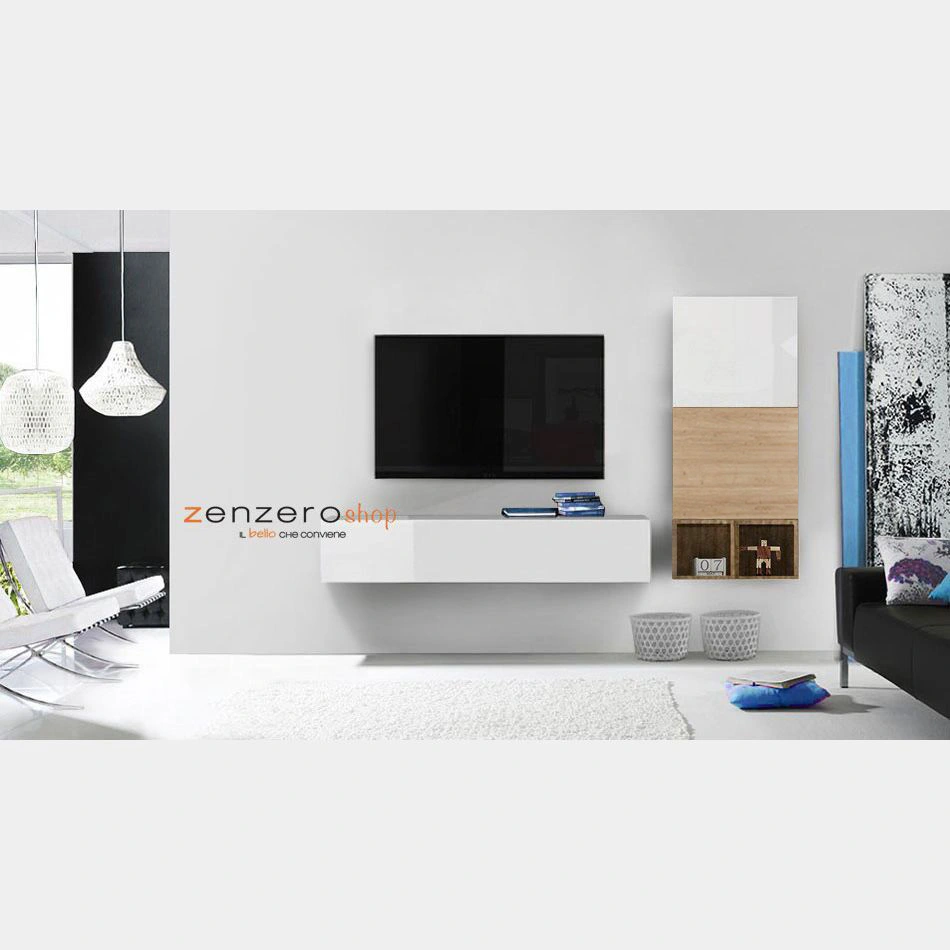 Parete attrezzata moderna con ribalta e cubi bianchi laccati lucidi, Rovere Miele e Cadiz