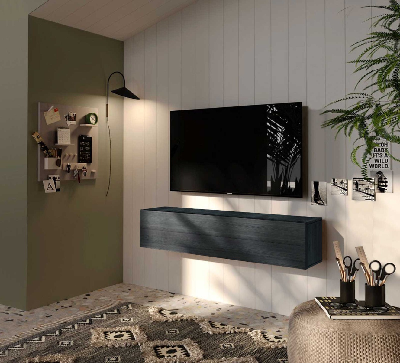 Parete attrezzata 138x30x29 h cm, Nero Frassinato, collezione Logica