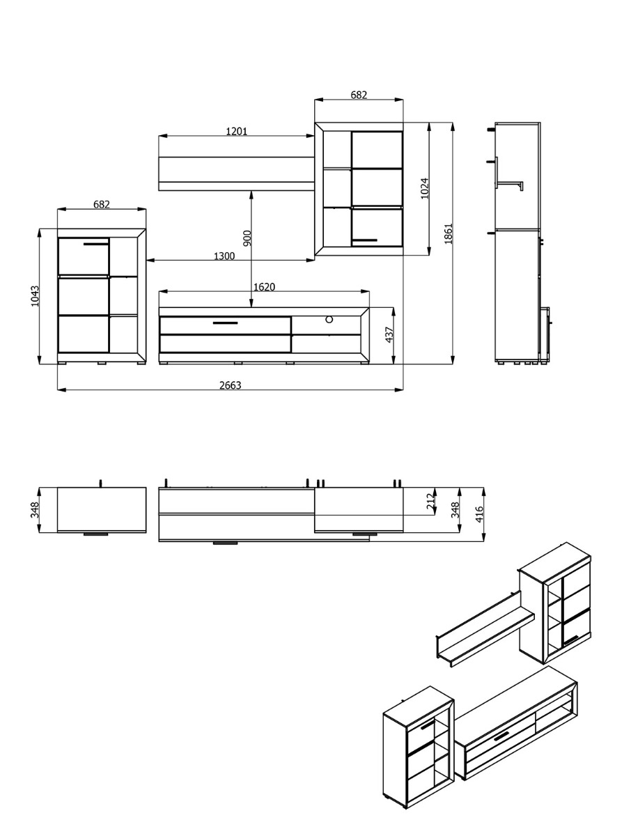 Parete attrezzata con vetrine, finitura Rovere e Nero opaco