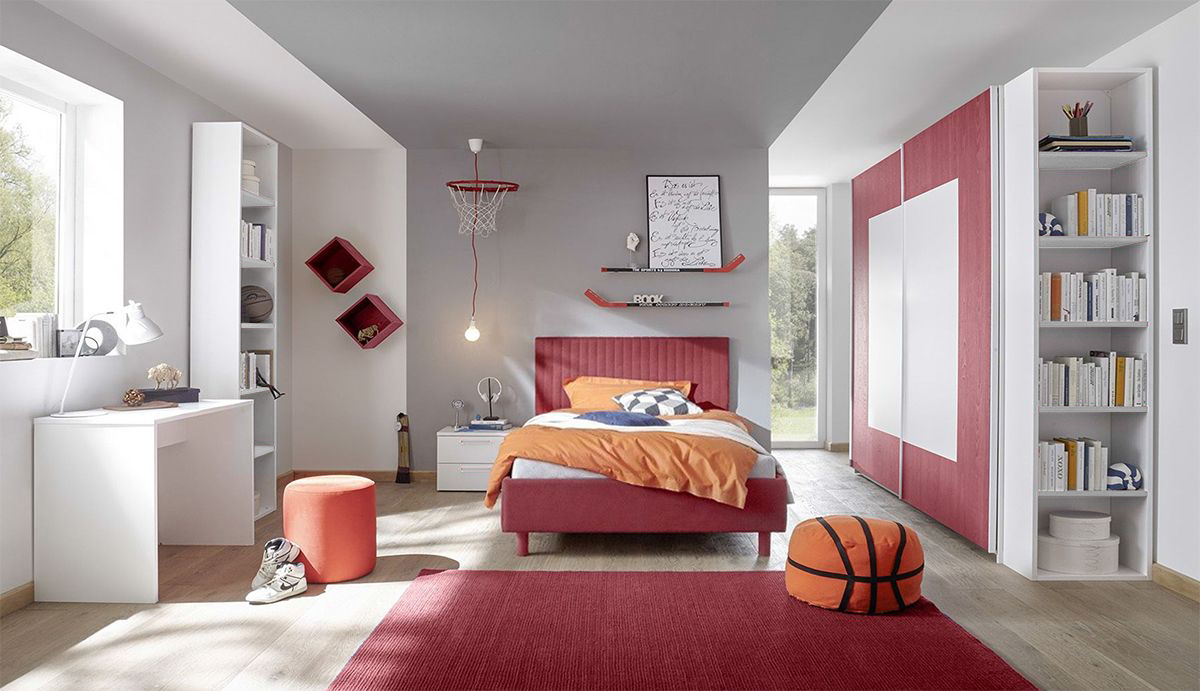 Cameretta completa per ragazzi, letto con testiera imbottita e armadio scorrevole, finitura rosso