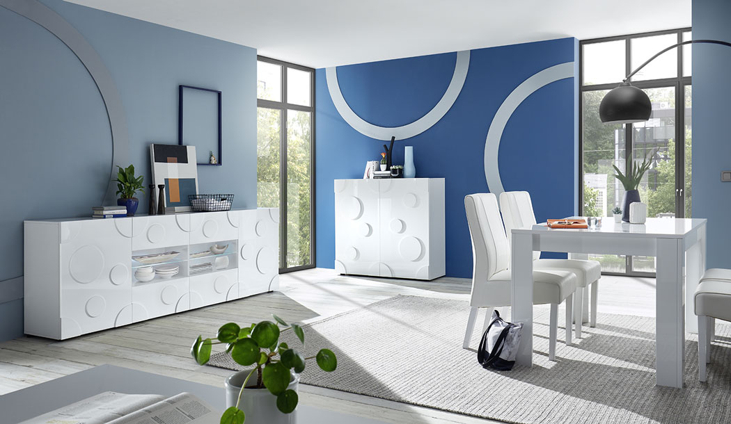 Soggiorno moderno completo di Tavolo Bianco lucido e 2 Madie Cerchio