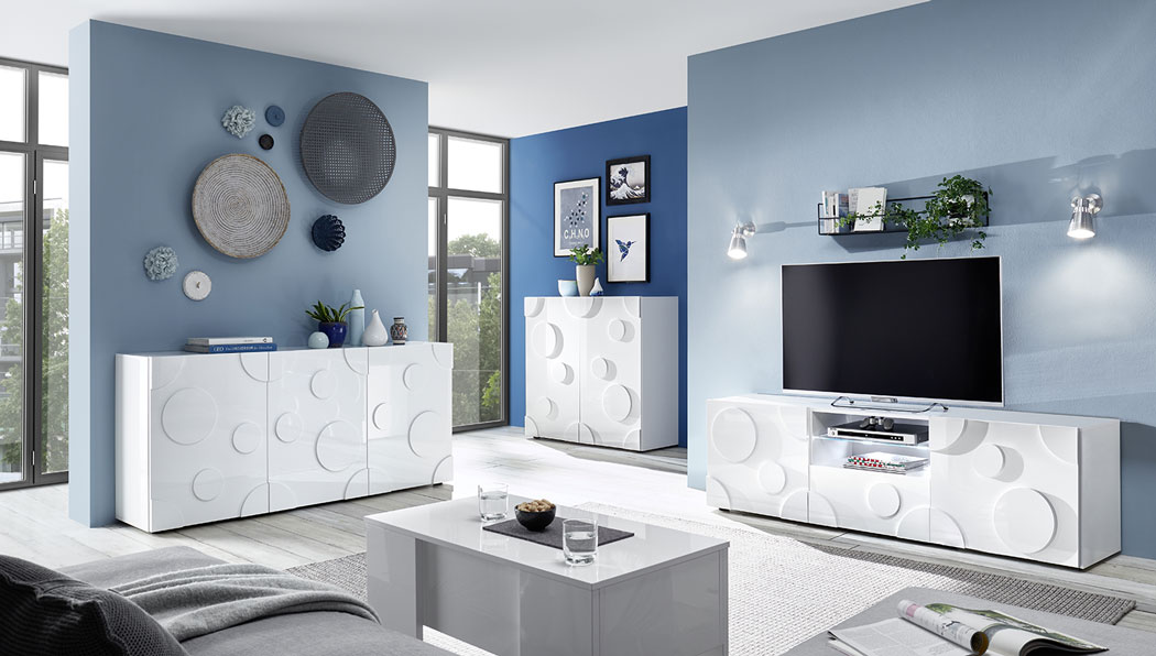 Sala moderna Bianca lucida, composta da Porta TV e 2 Madie cerchio