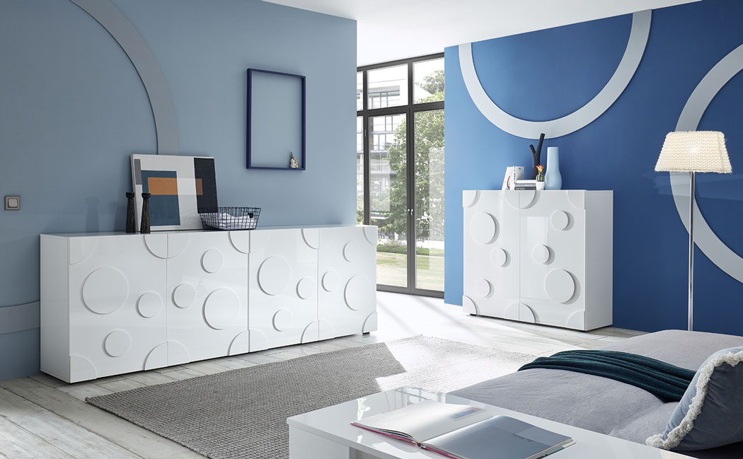 Sala moderna, composta da 2 Madie cerchio a 2 e 4 ante, Bianco lucido