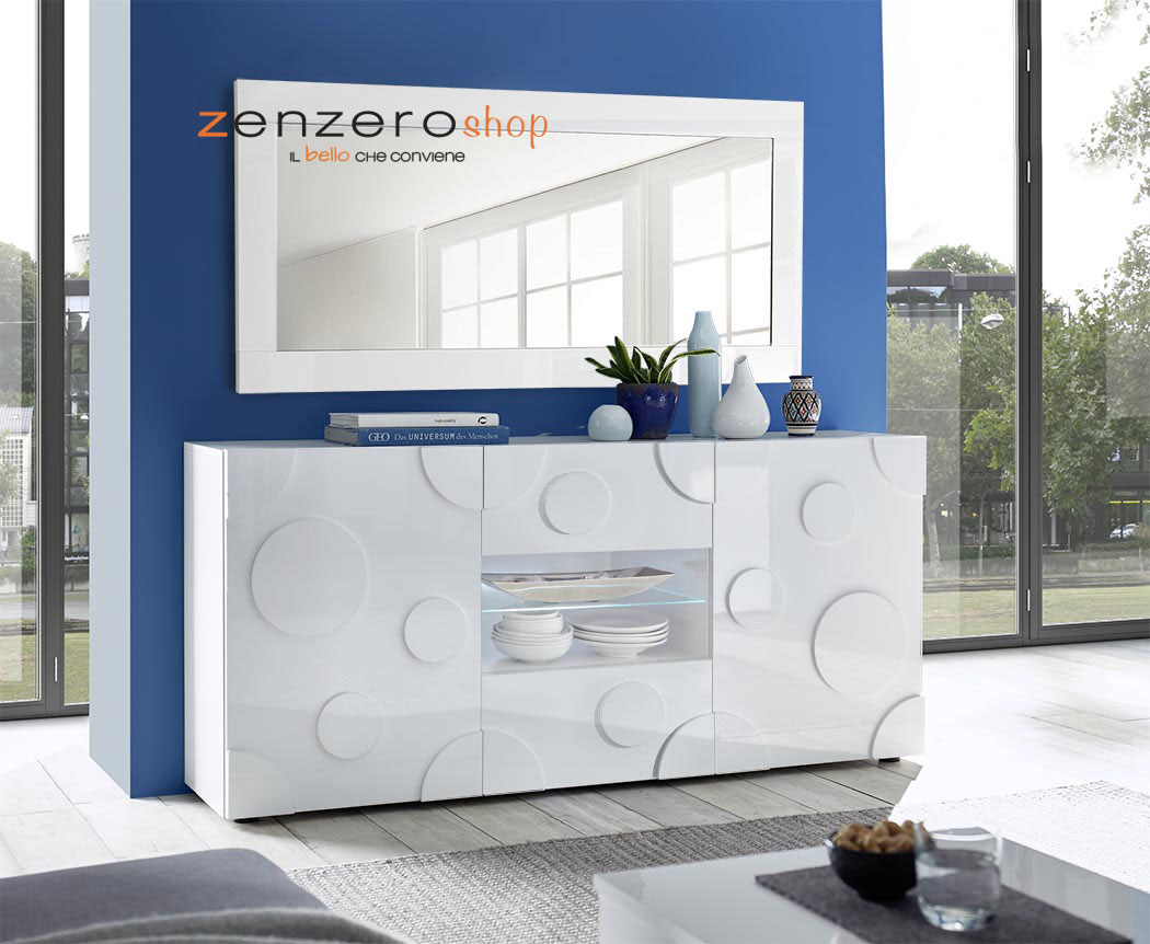 Madia Cerchio a 2 ante 2 cassetti, finitura bianco lucido, design moderno
