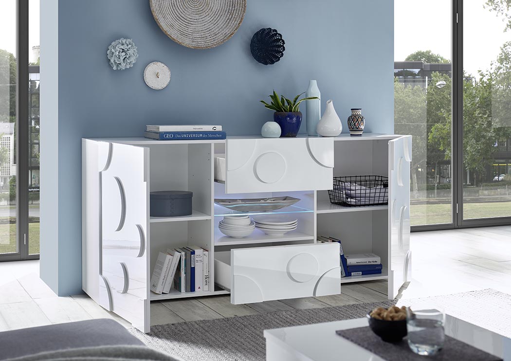 Madia Cerchio a 2 ante 2 cassetti, finitura bianco lucido, design moderno